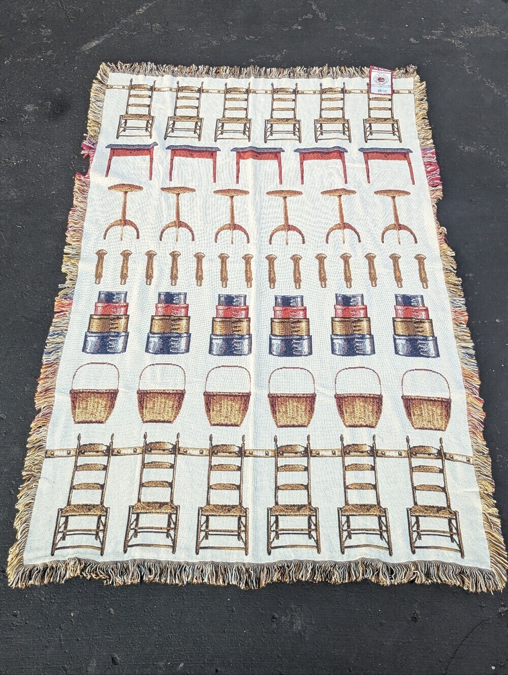 Woven Tapestry Throw with Basket & Chair Motif By The Rug Barn Shaker Style